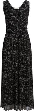 Loveappella Polka Dot Ruched Mesh Maxi Dress