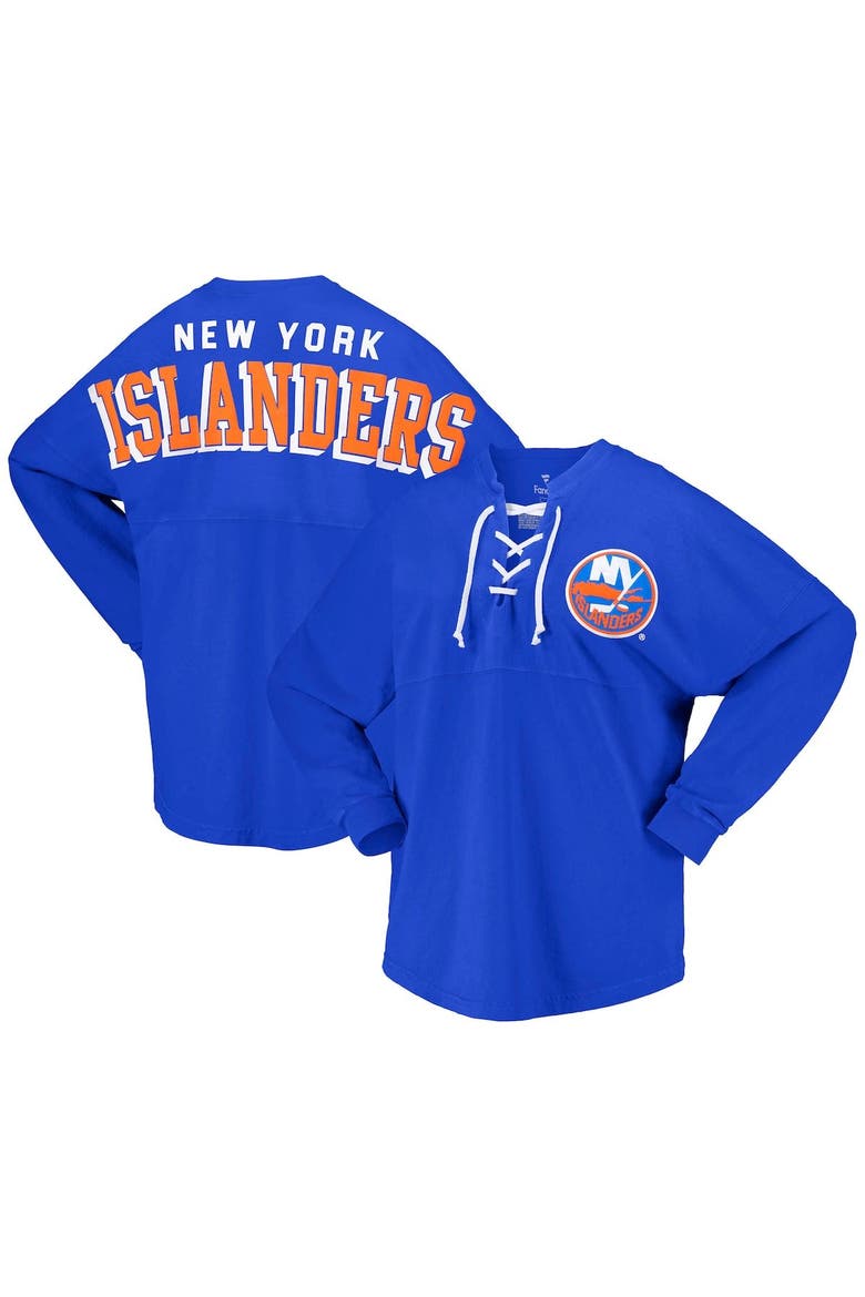 Women's Fanatics Branded Royal New York Islanders Spirit Lace-Up V-Neck Long Sleeve Jersey T-Shirt, Main, color, Royal
