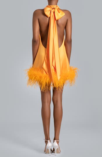 Nolita Feather Trim Halter Satin Cocktail Minidress