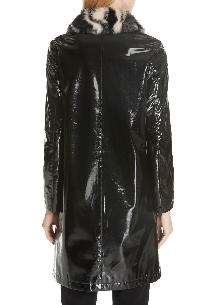 Faux Leather Coat with Leopard Print Faux Fur Collar, Alternate, color, BLACK