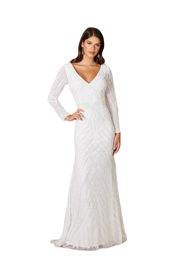 Gretchen V-Neck Long Sleeve Wedding Dress, Main, color, Ivory