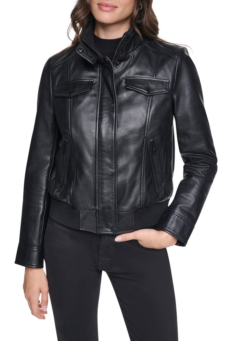 Ashford Leather Bomber Jacket, Main, color, BLACK