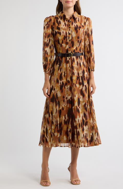 Print Belted Long Sleeve Maxi Shirtdress