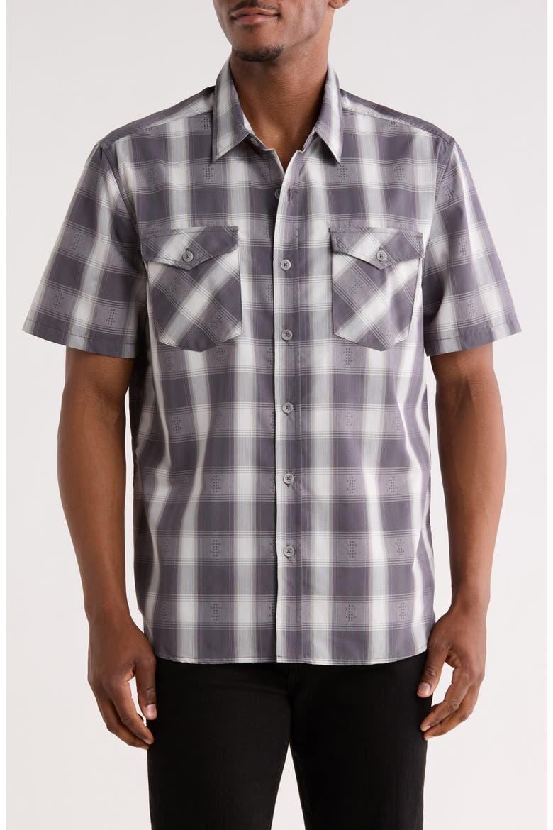 Plaid Short Sleeve Dobby Button-Up Shirt, Main, color, GREY