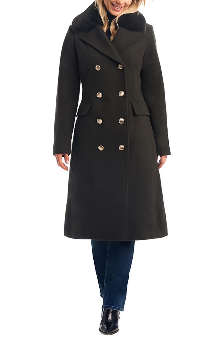 Vince Camuto Double Breasted Wool Blend Coat with Removable Faux Fur Collar, Main, color, Olive
