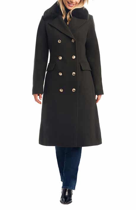 Vince Camuto Double Breasted Wool Blend Coat with Removable Faux Fur Collar