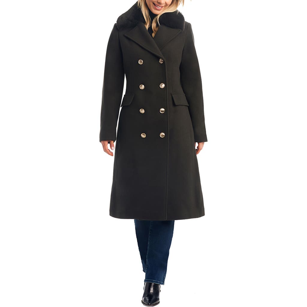 Vince Camuto Double Breasted Wool Blend Coat With Removable Faux Fur Collar In Black