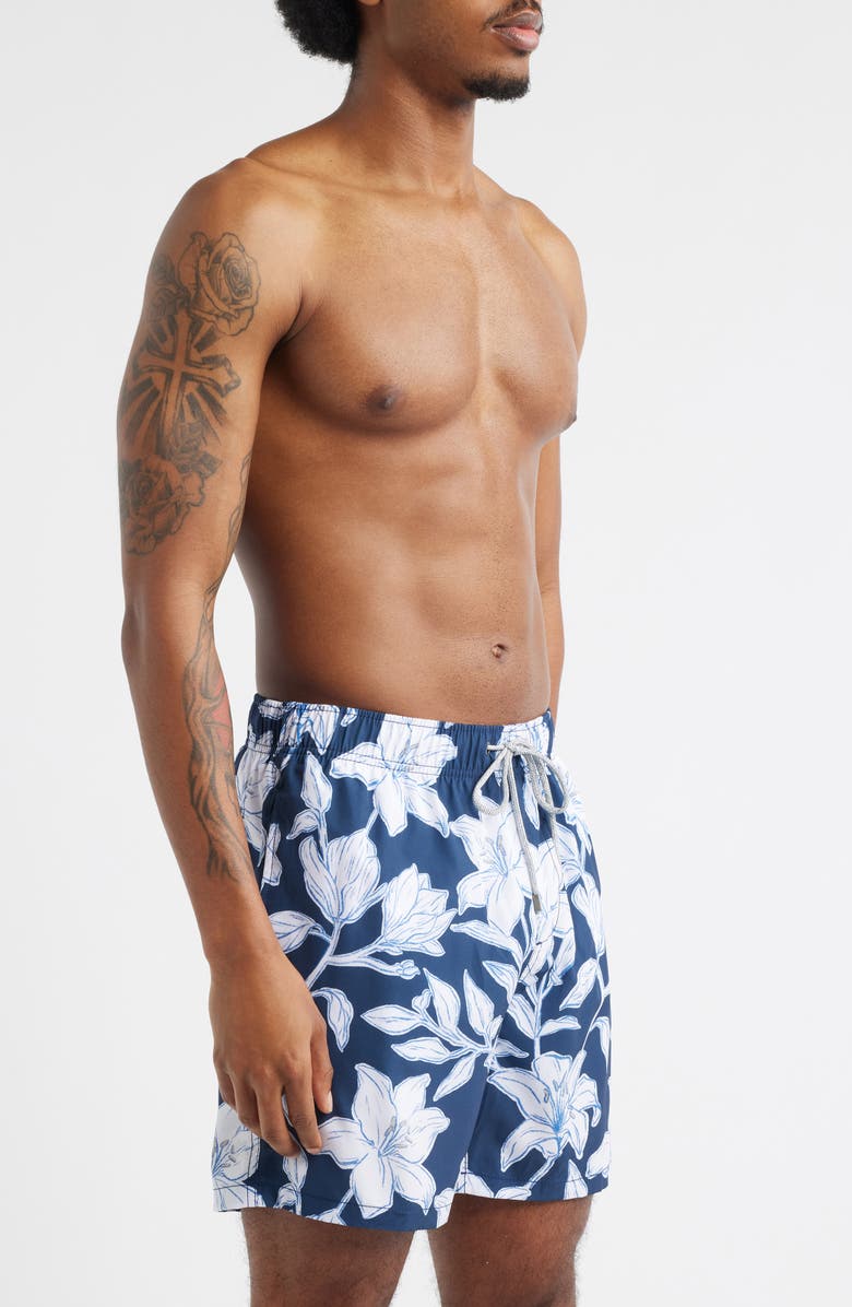 Vintage Summer Floral Stretch Volley Swim Trunks, Alternate, color, Navy