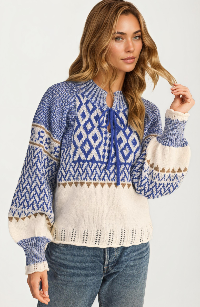 Knit and Lounge Fair Isle Tie-Neck Knitted Sweater, Alternate, color,