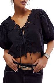 Free People Rock With It Off the Shoulder Top w/Embroidered Puff selling Sleeves M Black