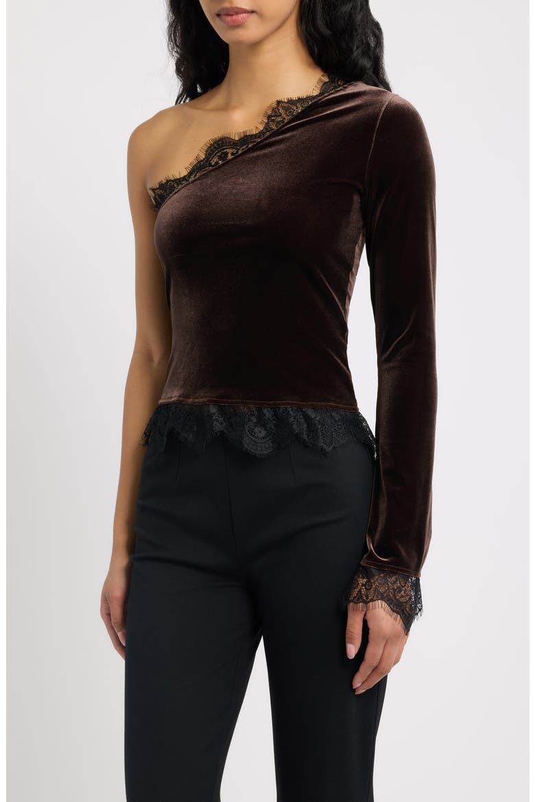 Reliquia Lace Trim One Shoulder Stretch Velvet Top, Main, color, CHOCOLAT