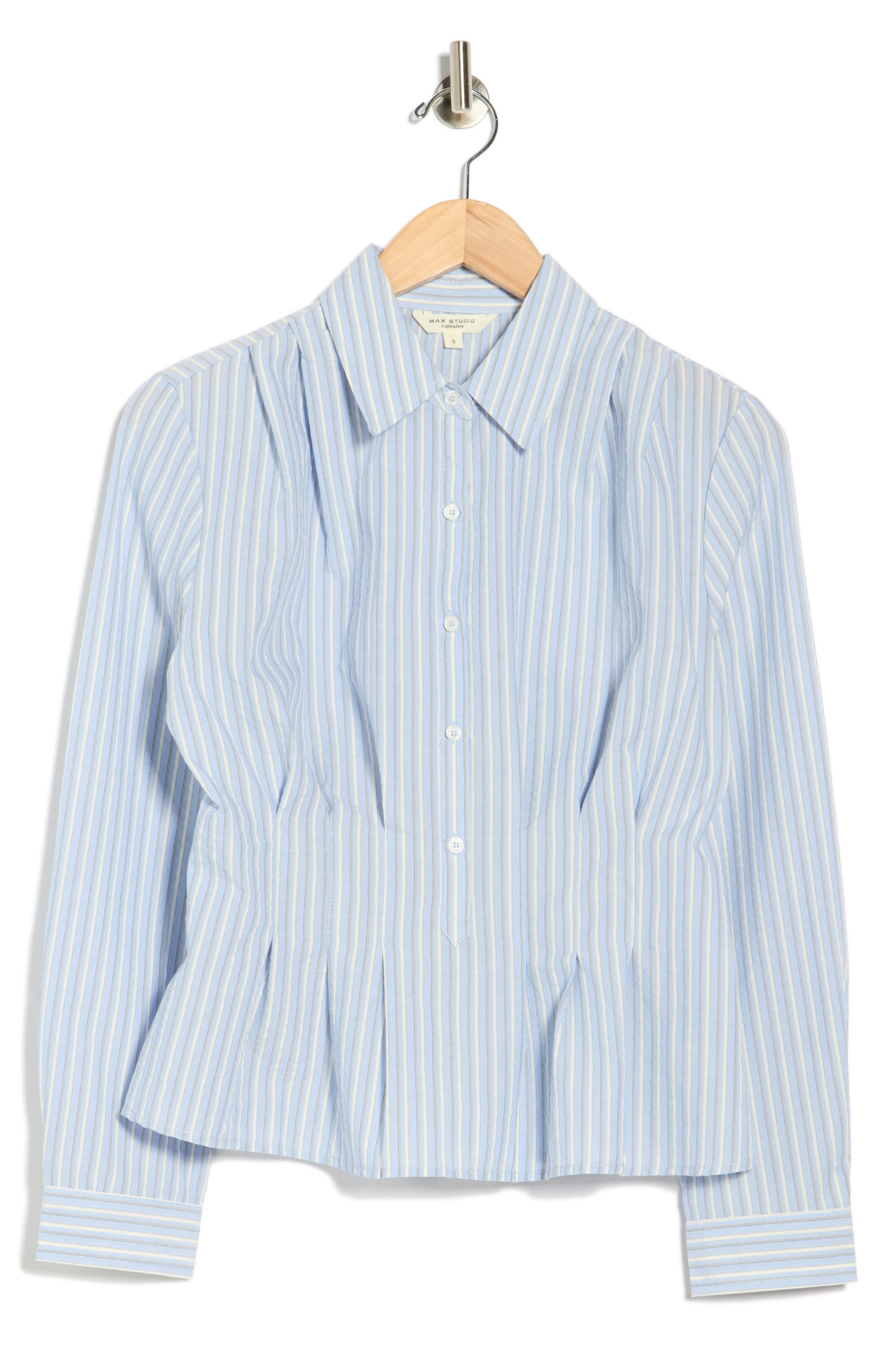 MAX STUDIO Stripe Long Sleeve Pleated Button-Up Shirt