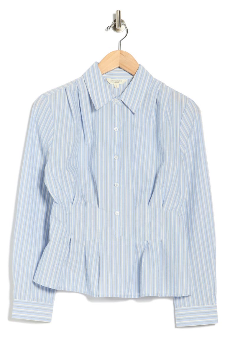 Stripe Long Sleeve Pleated Button-Up Shirt, Alternate, color, INDIGO/ GREY