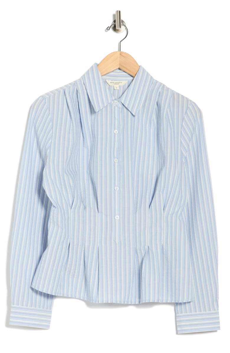 MAX STUDIO Stripe Long Sleeve Pleated Button-Up Shirt, Main, color, Indigo/ Grey