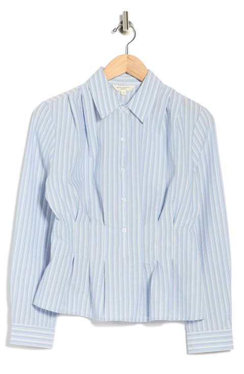 Stripe Long Sleeve Pleated Button-Up Shirt
