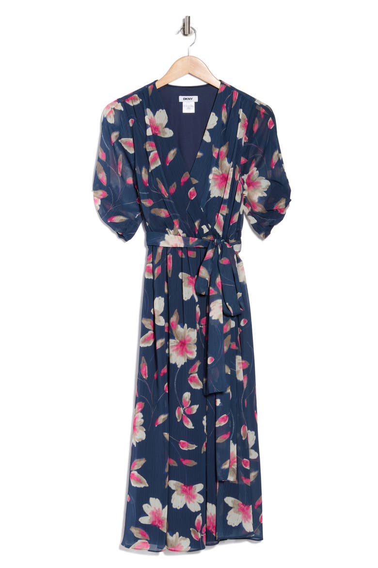 Print Faux Wrap Midi Dress, Alternate, color, INDIGO MULTI