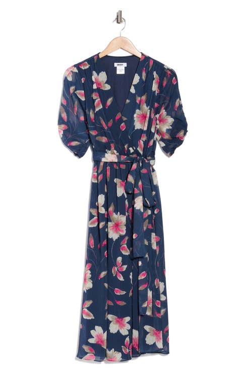 Print Faux Wrap Midi Dress
