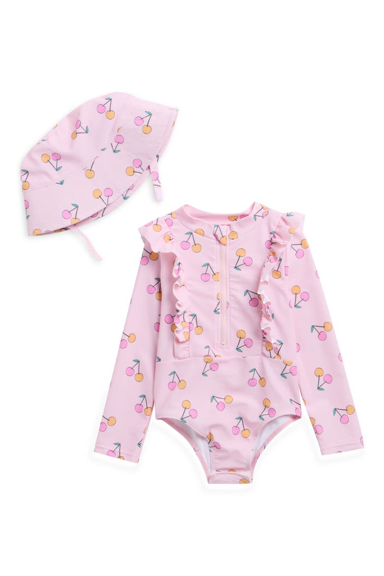 Kids' Ruffled Long Sleeve One-Piece Rashguard Swimsuit & Hat Set, Main, color, PINK