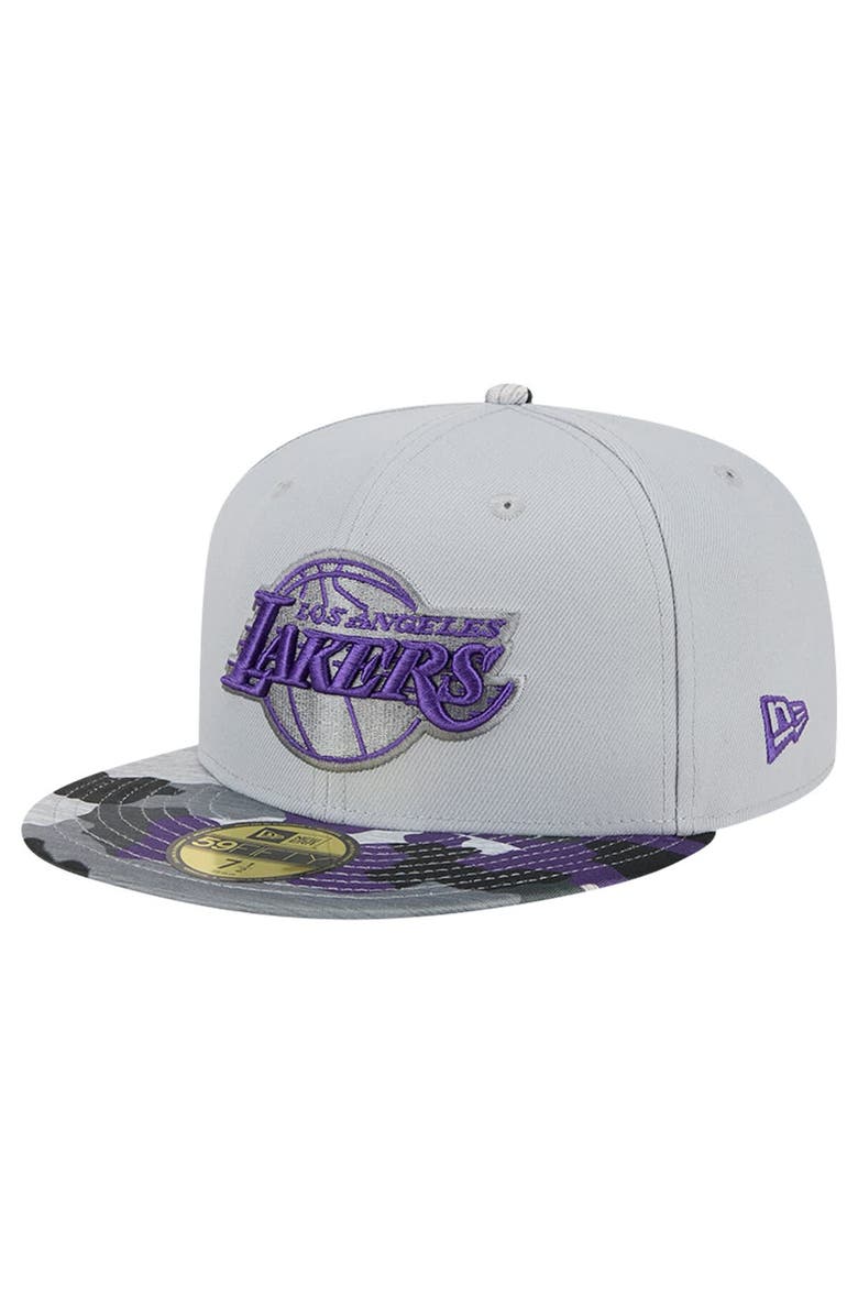 New Era Men's New Era Gray Los Angeles Lakers Active Color Camo Visor 59FIFTY Fitted Hat, Main, color, 