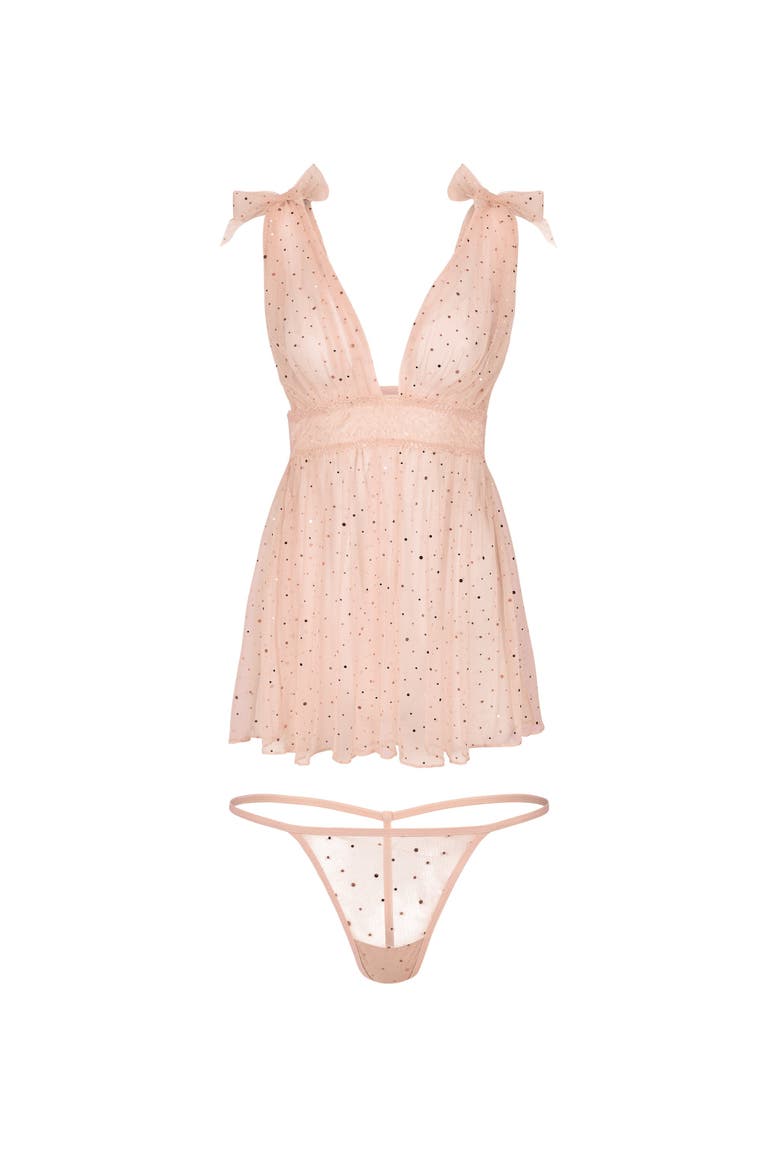 Novah Babydoll & G-String Set Lingerie, Alternate, color, Light beige