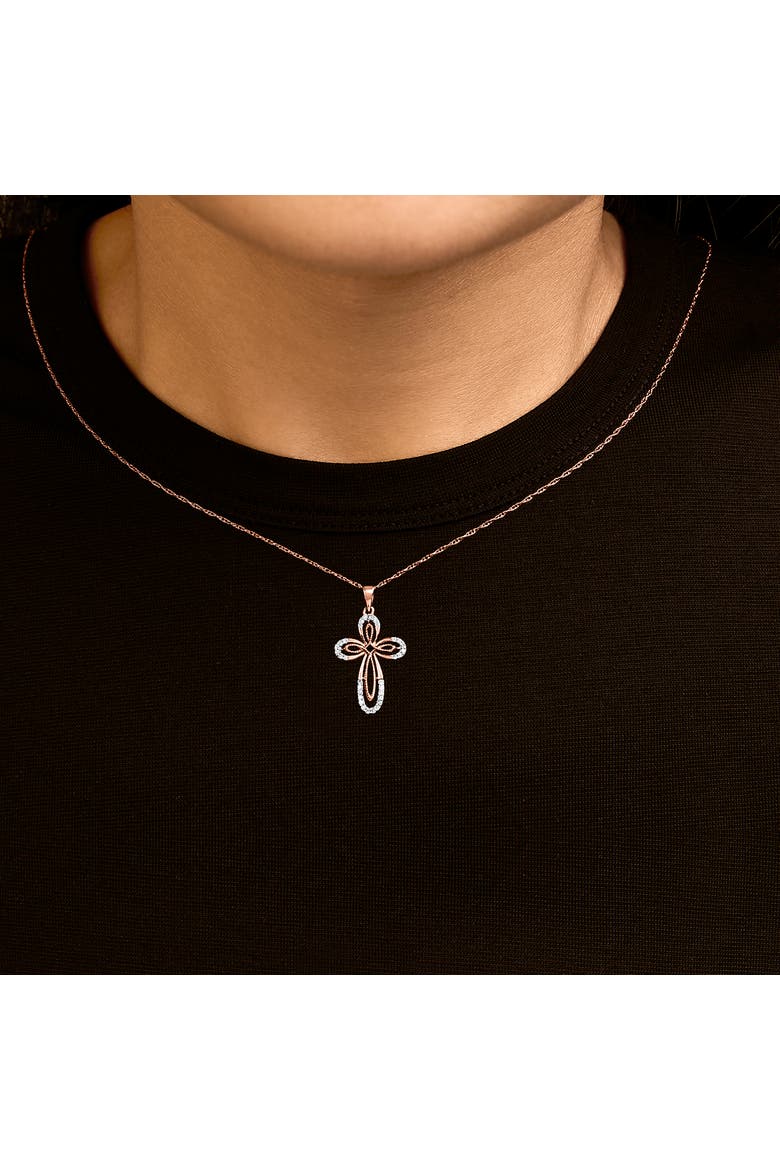 10K Rose Gold Plated Sterling Silver 1/6 Cttw Diamond Double Loop Cross Pendant Necklace, Alternate, color, Rose Gold over Silver