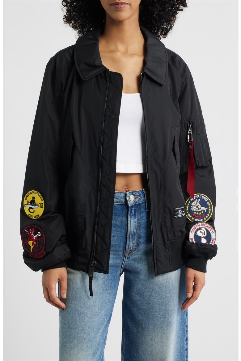 Patch Detail Relaxed Fit Flight Jacket, Main, color, BLACK