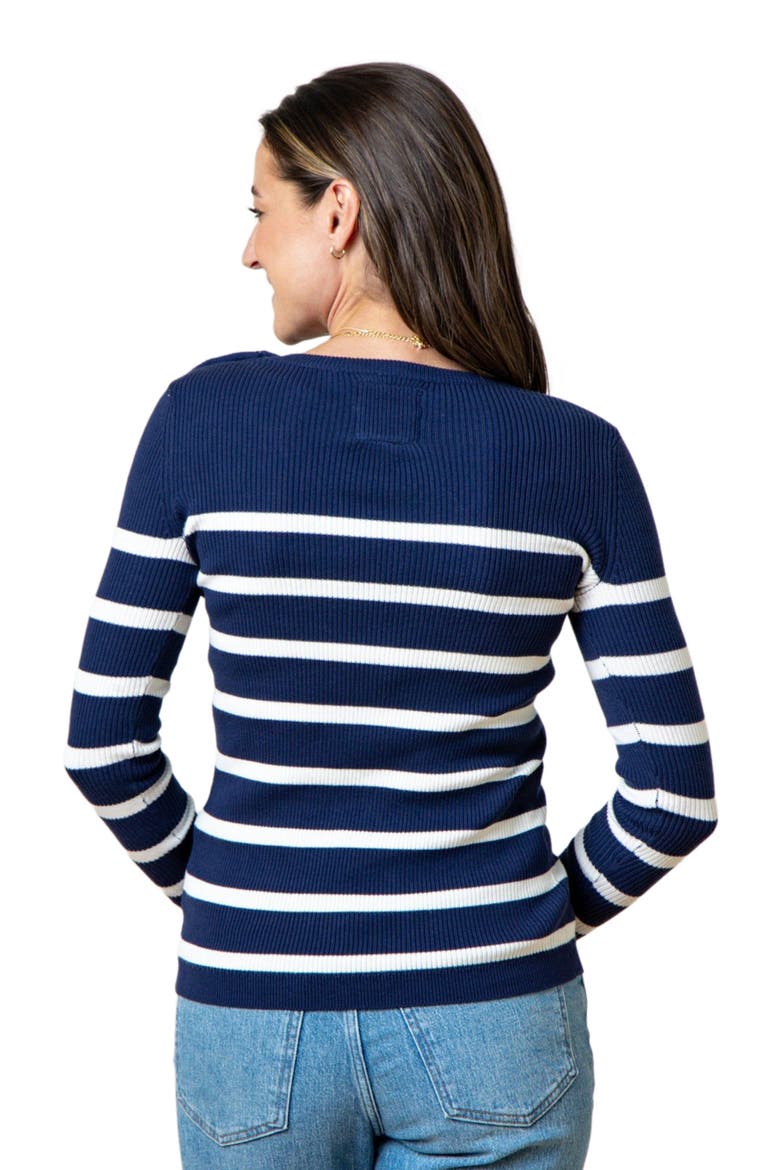 Women's Crew Neck Button Sweater, Alternate, color, Navy Breton Stripe