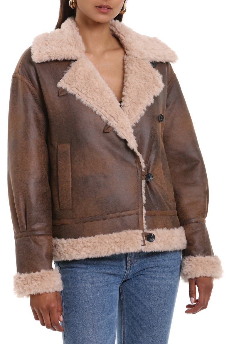 Faux Shearling Moto Jacket, Alternate, color, BRANDY