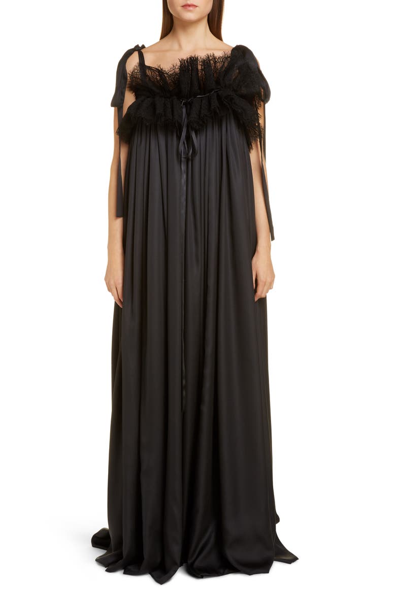 Ruffle Neck Satin Evening Gown, Main, color, BLACK