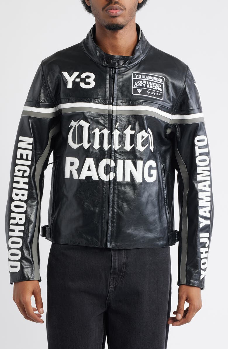 Y-3 NBHD Leather Racer Jacket, Alternate, color, Black