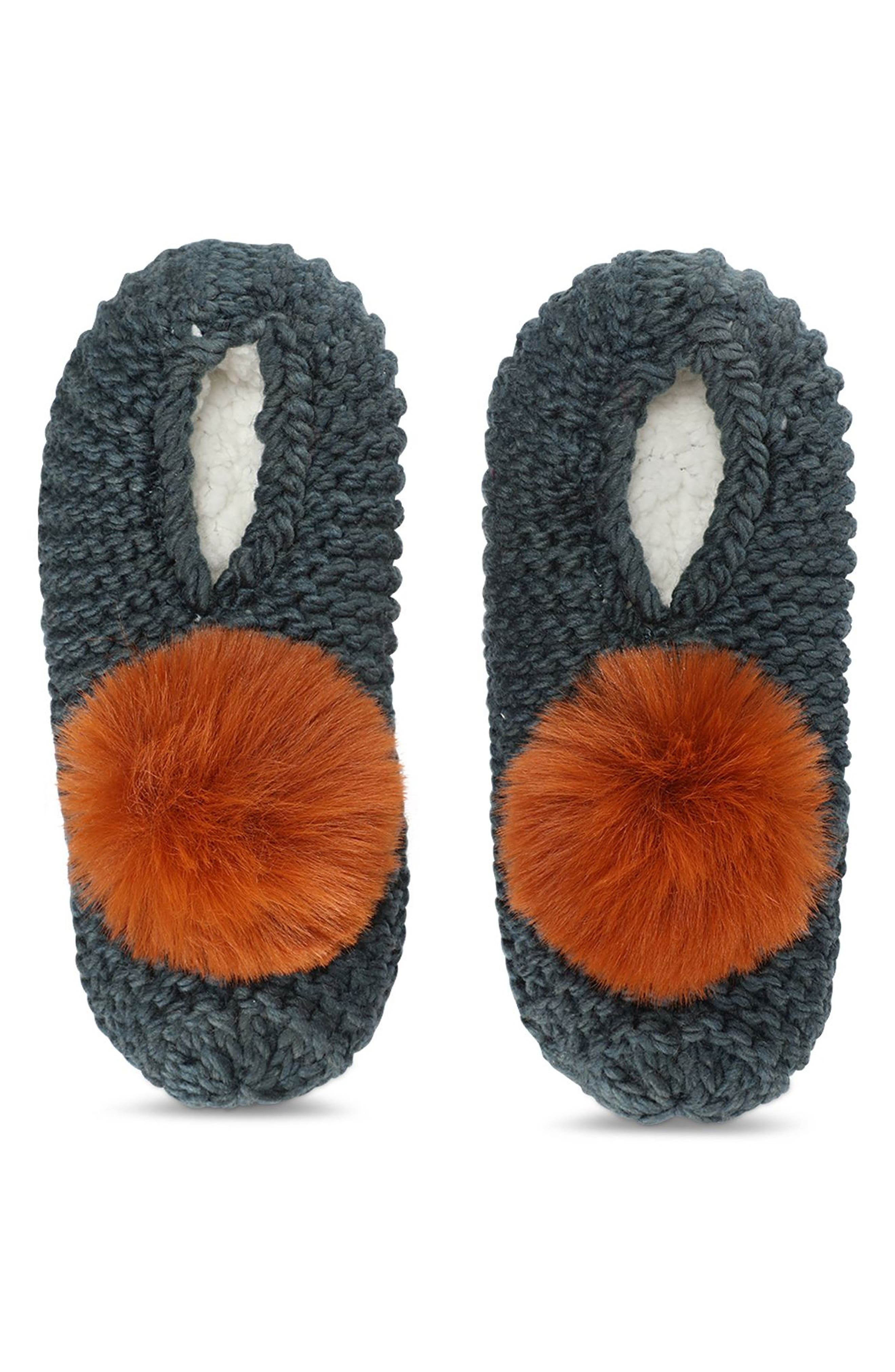 Faux Fur Pompom Faux Shearling Lined Slipper Socks, Main, color, TEAL