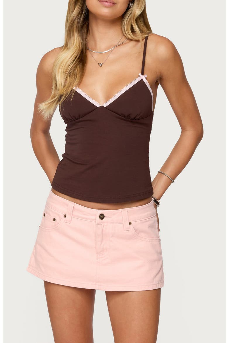 Ruelle Contrast Picot Trim Stretch Cotton Camisole, Main, color, BROWN