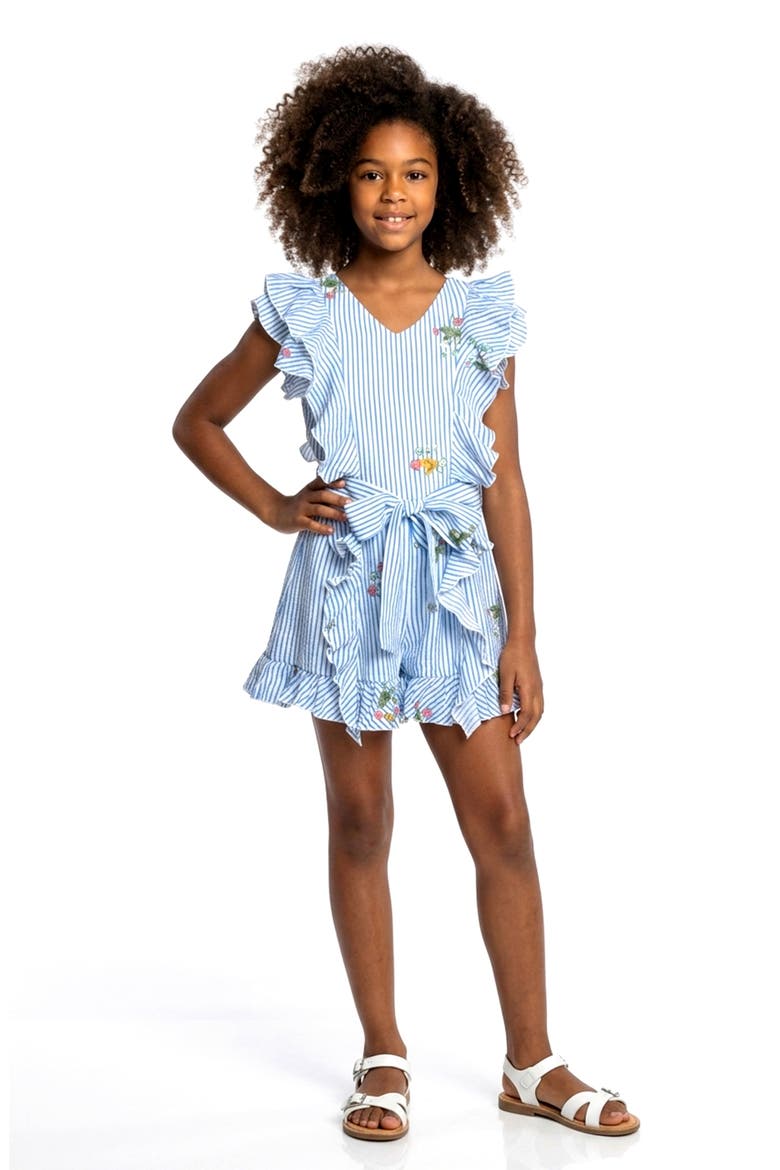 Kids' Ruffle Stripe Romper, Alternate, color, BLUE MULTI