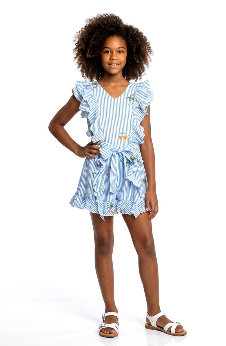 Truly Me Kids' Ruffle Stripe Romper, Alternate, color, Blue Multi
