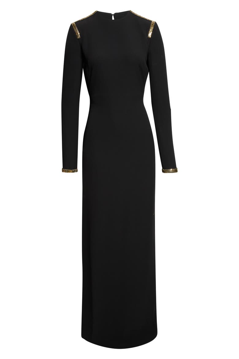 Chainmail Trim Long Sleeve Silk Evening Dress, Main, color, BLACK/ GOLD