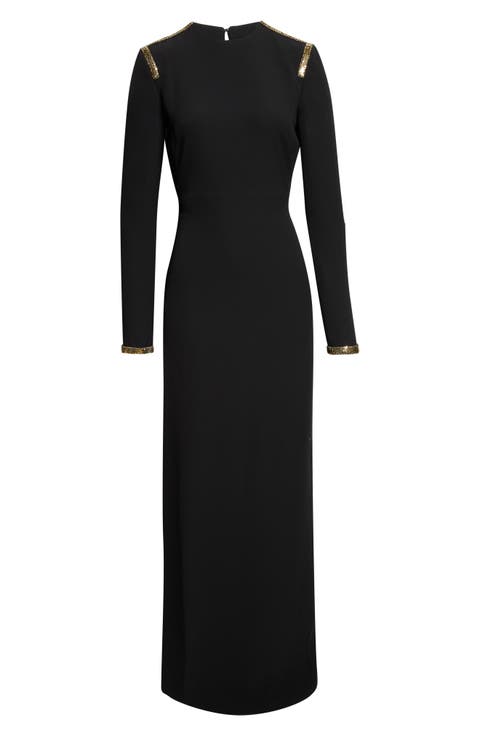 Chainmail Trim Long Sleeve Silk Evening Dress