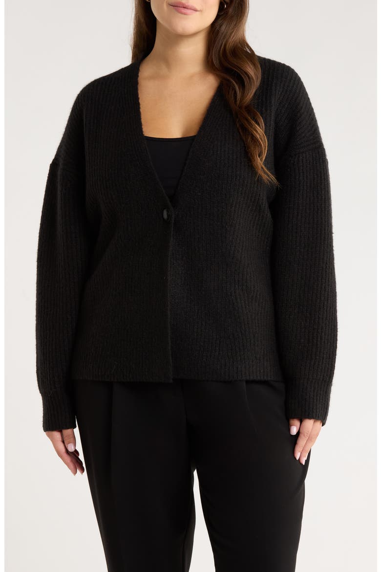 One-Button V-Neck Rib Cardigan, Main, color, BLACK ROCK