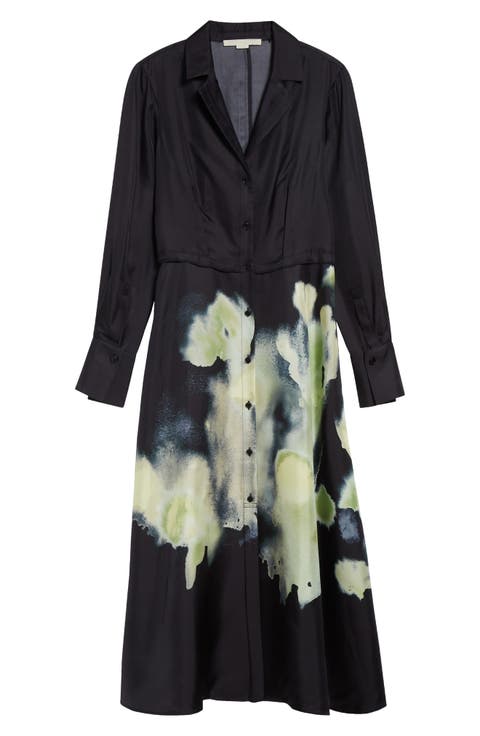 Watercolor Floral Print Long Sleeve Silk Shirtdress