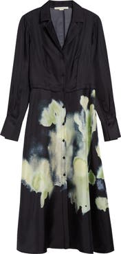 Jason Wu Collection Watercolor Floral Print Long Sleeve Silk Shirtdress