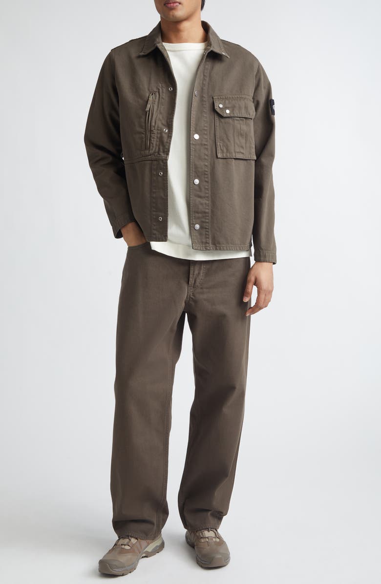 Stone Island Compass Logo Patch Denim Snap-Up Overshirt, Alternate, color, Umber