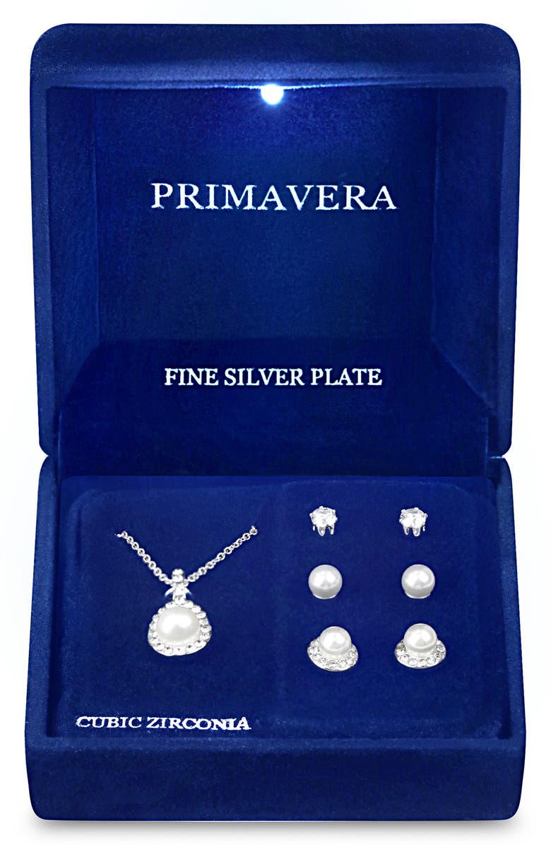 Danecraft Imitation Pearl Pendant Necklace & Earrings Set, Alternate, color, Silver