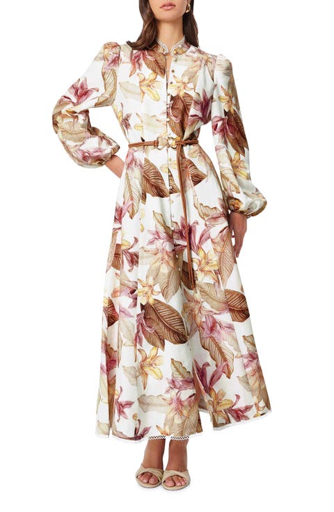 Meadow Day Floral Long Sleeve Linen Blend Shirtdress