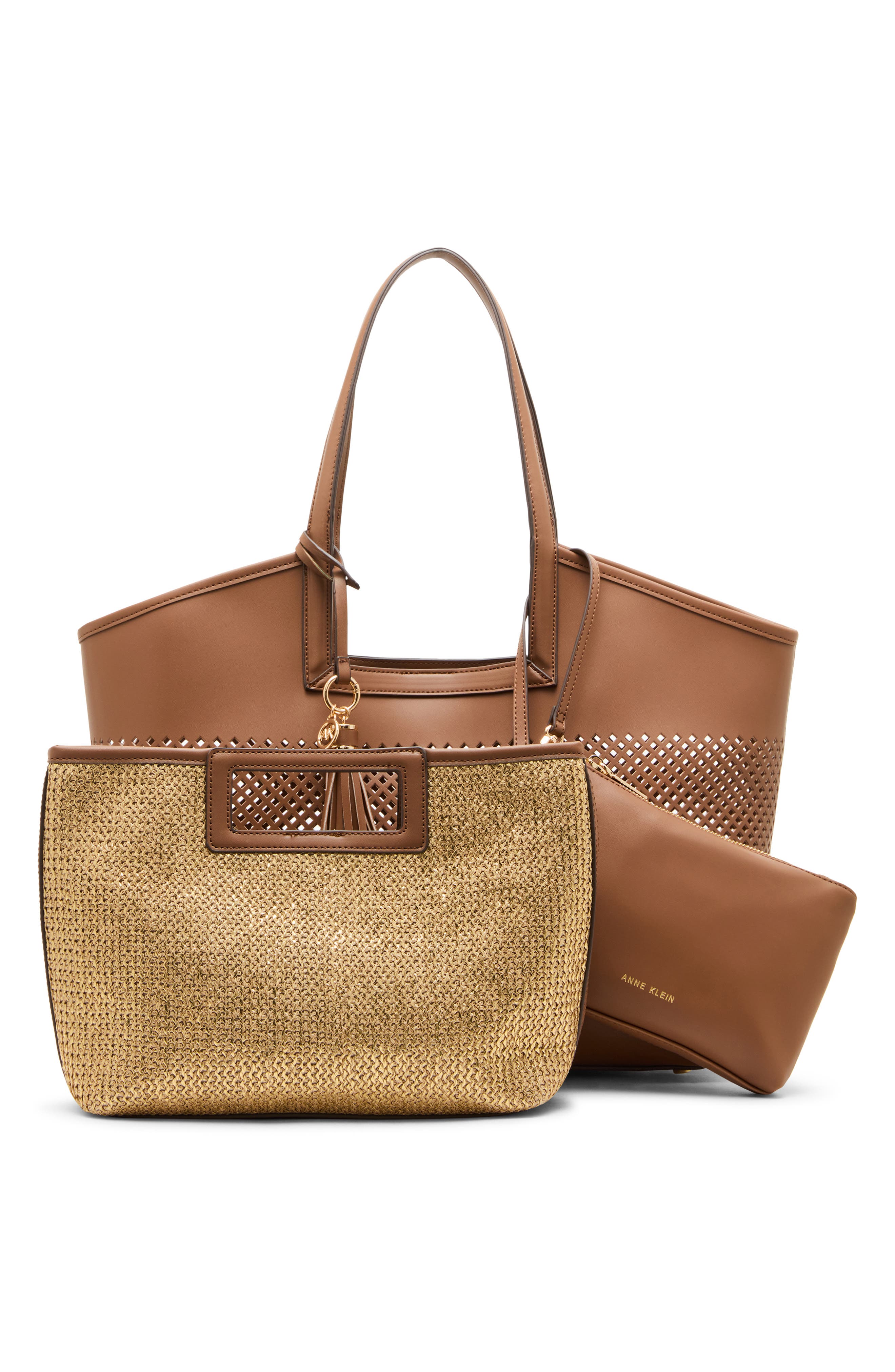 Anne Klein Large Perforated Tote Bag, Alternate, color, Chestnut Metallic Gold