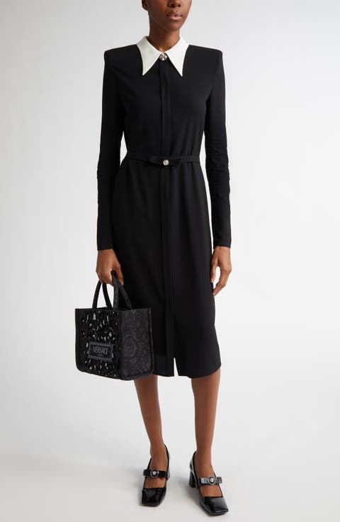 Double Collar Belted Long Sleeve Shirtdress