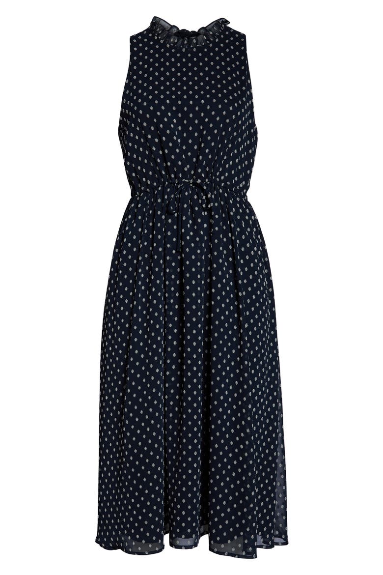 Sleeveless Polka Dot Tie Waist Midi Dress, Alternate, color, NAVY/ CREAM