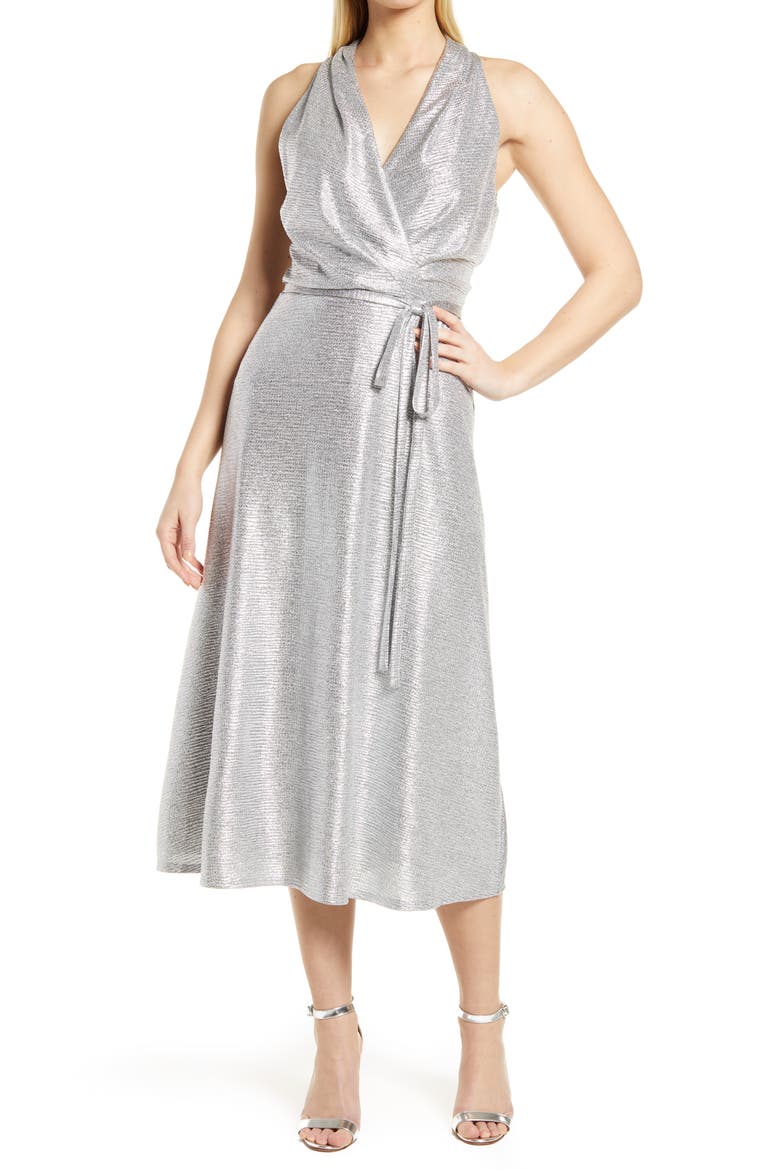 Donna Ricco Halter Neck Metallic Faux Wrap Dress, Main, color, SILVER