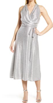 Julia Jordan Donna Ricco Halter Neck Metallic Faux Wrap Dress