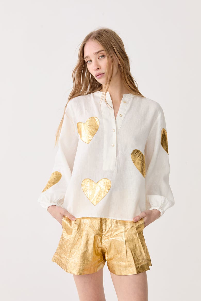 Cupid Linen Shirt, Alternate, color, Off-White with Gold Hearts