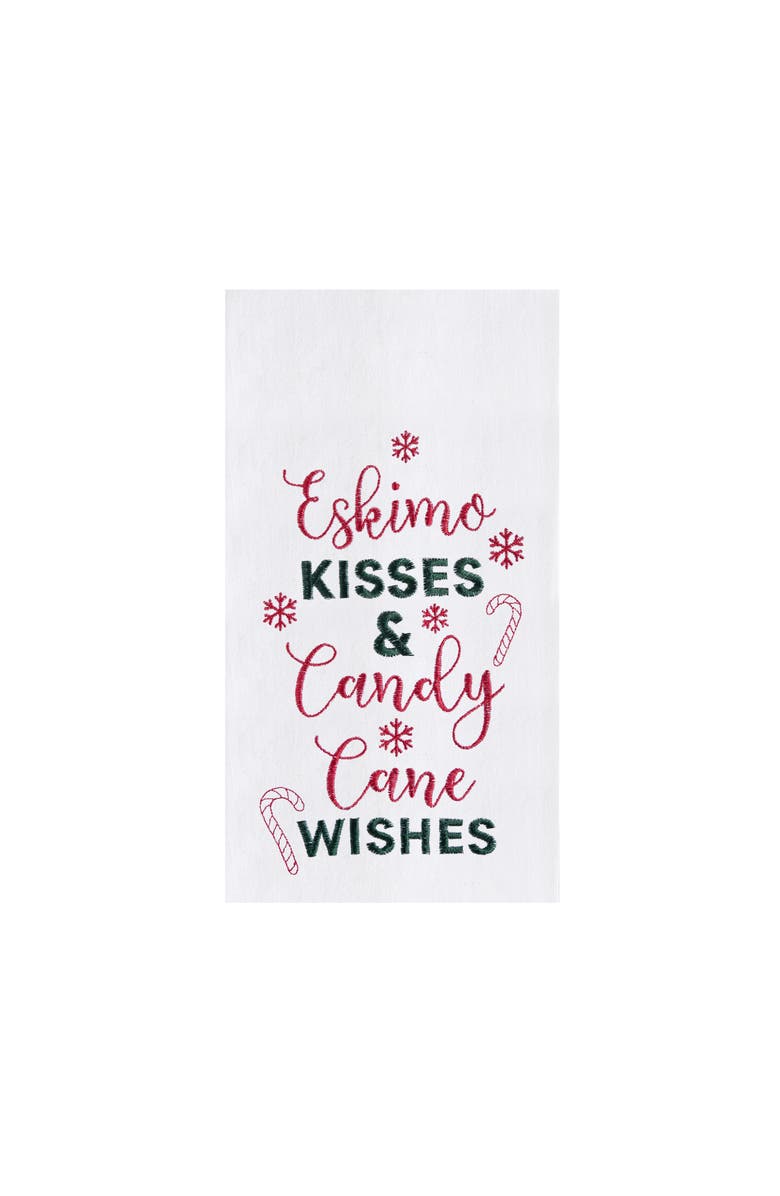 C&F Home "Kisses & Candy Cane Wishes" Sentiment with Candy Canes Cotton Flour Sack Kitchen Dish Towel 27L x 18W in., Main, color, White