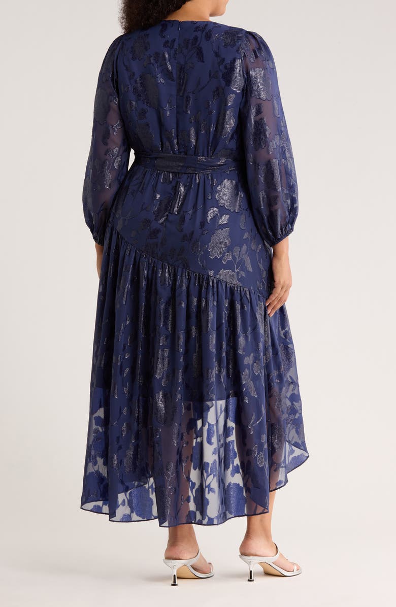 Anne Klein Metallic Long Sleeve High-Low Wrap Dress, Alternate, color, Distant Mountain